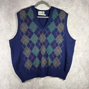 VTG Christopher Hayes Sweater Vest Men XL Blue Argyle 100% Shetland Wool Ireland